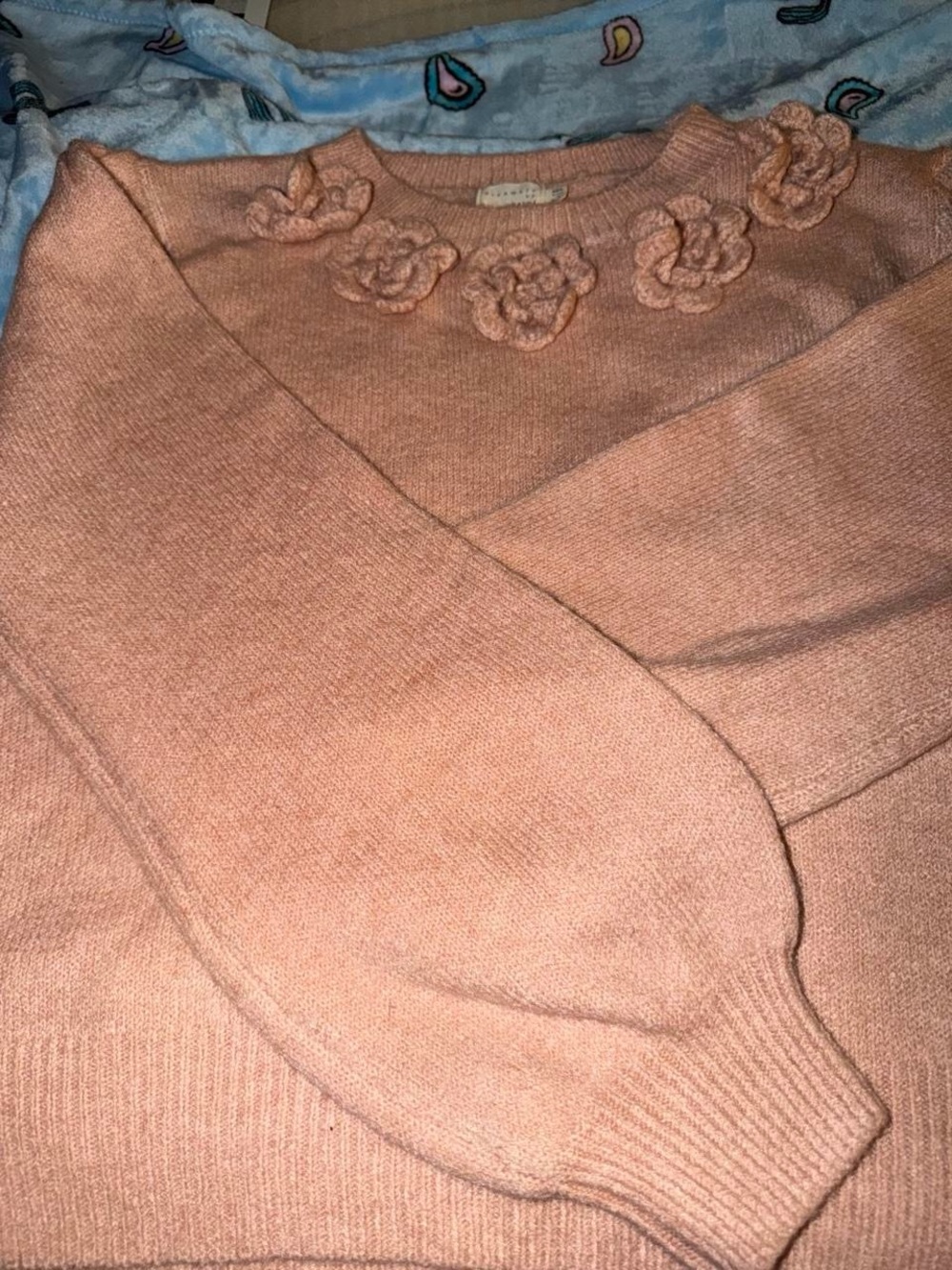 Crewneck Floral-Applique Sweater in Peach